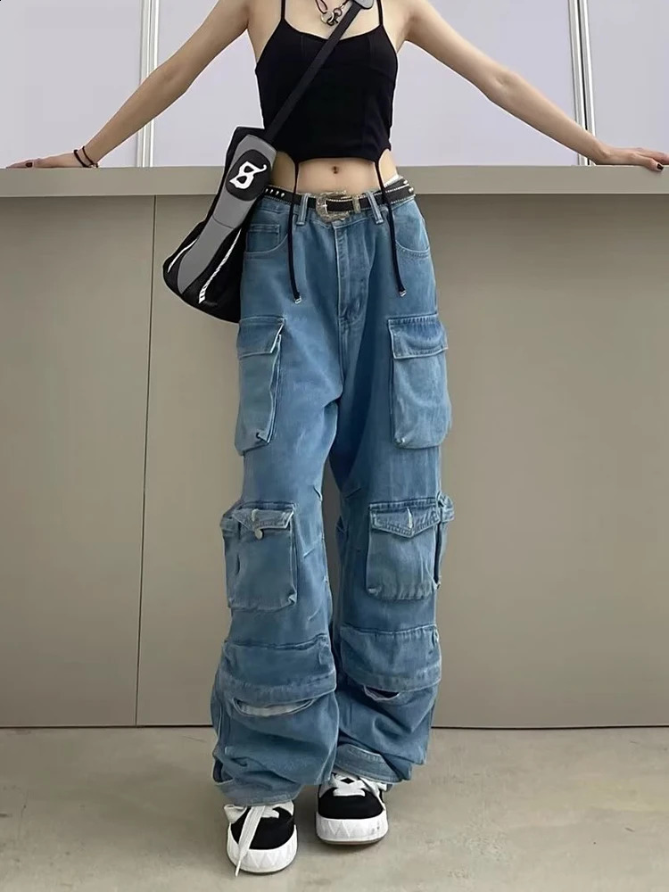 Y2k Jeans Womens Baggy Wide Leg Multi-Pocket Cargo Pants Fashion Harajuku Streetwear Female Vintage Washed Blue Autumn Jeans 240822