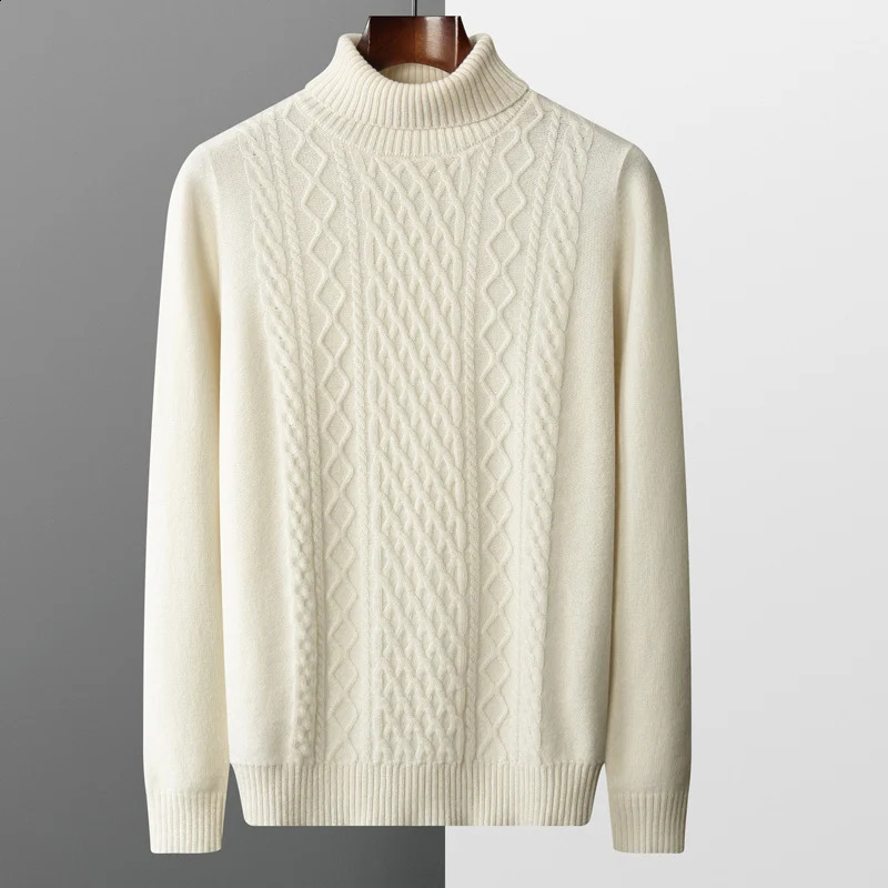Mens 100% wool and cashmere sweater for autumn and winter turtle neck knit zipper thick plus size bottom fashionable and warm top 240829