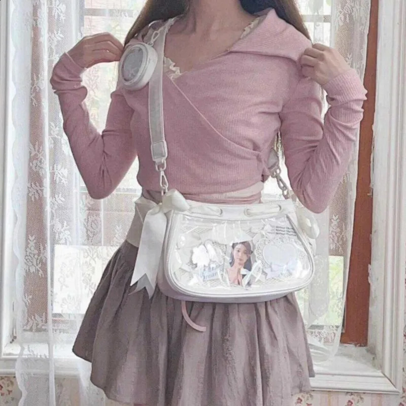 JIAERDI Japanese Transparent White Ita Bags Women Lolita Bow Casual Messenger Bag Female Harajuku Sweet Cute Handbag Aesthetic 240821