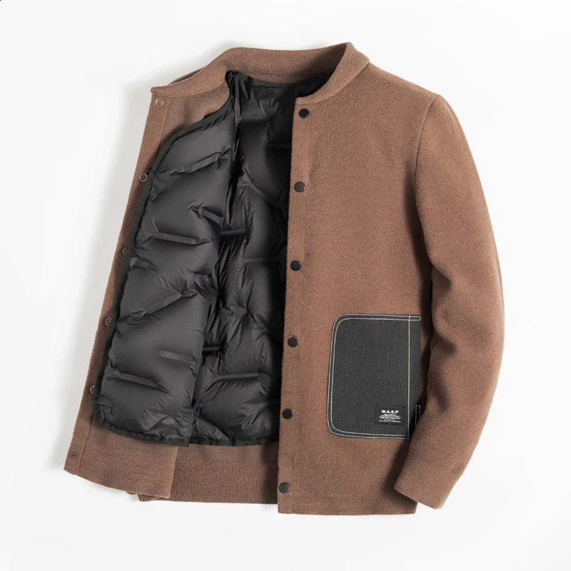 Autumn Winter Mens Thickened Fashion Baseball Collar Removable Down Liner Knitted Sweater Cardigan Jacket Warm Coat 240821
