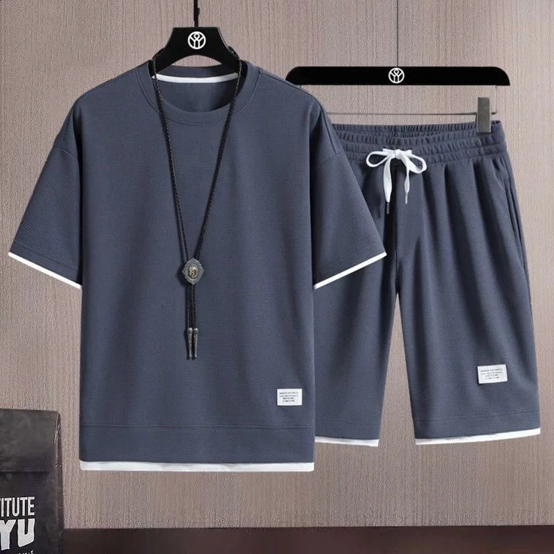 100% Cotton Waffle T Shirts Set For Men Short Sleeve Round Neck Tops Solid Color Casual Short Summer Waffle Two Piece Set 240822