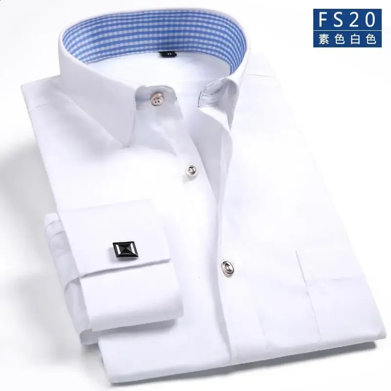 2025 Classic Regular Fit White French Cufflinks Mens Business Dress Long Sleeve Shirt Lapel Men Social Shirt 240822
