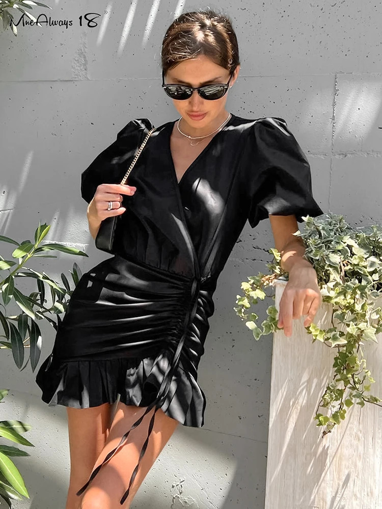 Mnealways18 Black Drawstring Elegant Mini Dress Womens Puff Sleeves Ruffled V-Neck Office Ladies Dress Summer High Waisted 240822