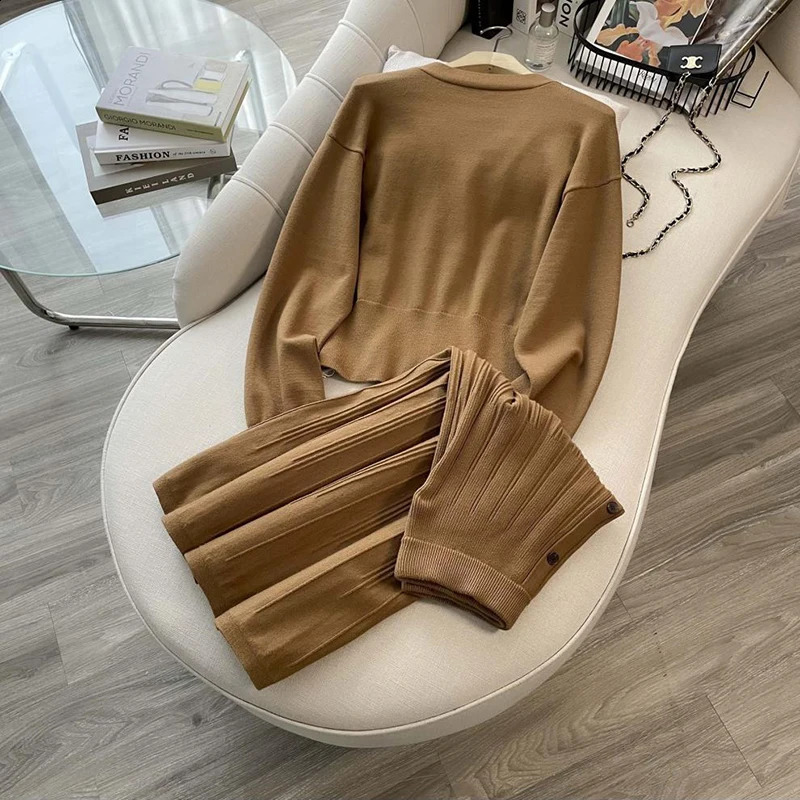 ZJYT autumn and winter knitted dress set twopiece womens fashion long sleeved Vneck cardigan sweater tight fitting black 240821
