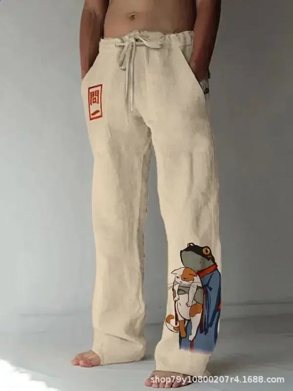 Mens casual pants Japanese style pattern printing casual handsome mens straight pants loose fashion bamboo linen trousers 240822