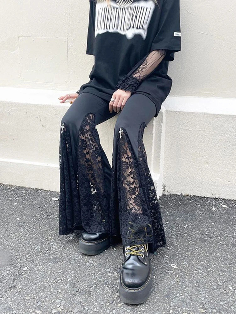 Zoki Harajuku Y2K Lace Up Patchwork Flare Pants Women Gothic Sexy Streetwear Casual Trousers Punk High Waist American Retro Pant 240821
