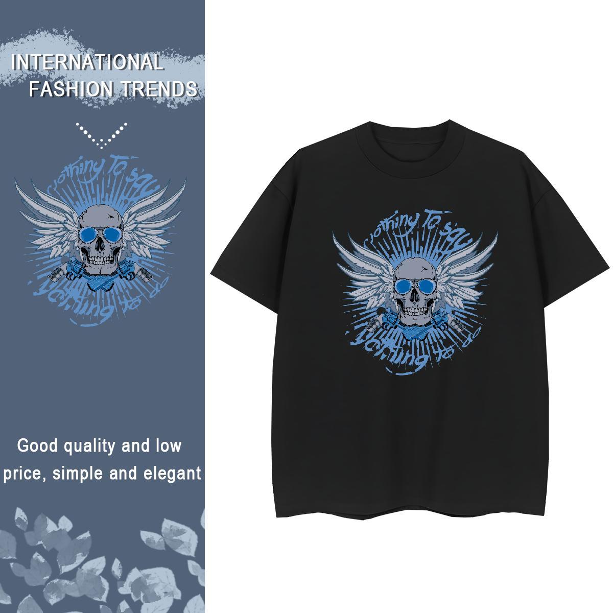 New T-Shirts 100% Cotton 230g O-Neck Short Sleeve Sports Street Wear skull Tshirt for Man Woman Female Cartoon Floral Printing Polos