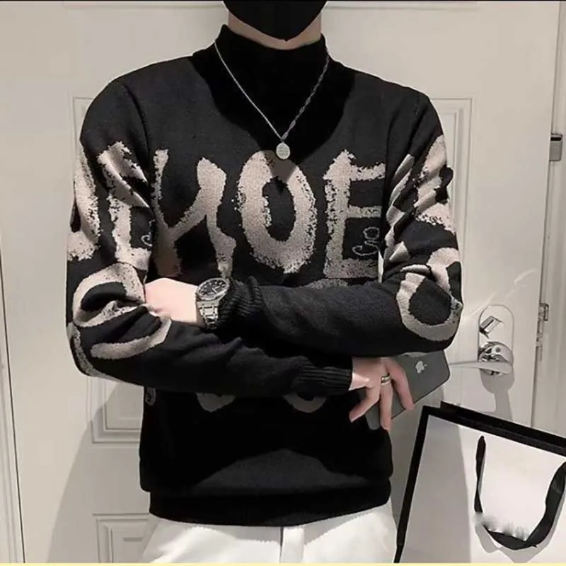 Fashion Stand Collar All-match Letter Sweaters Mens Clothing Autumn Winter Loose Knitted Casual Pullovers Korean Tops 240821