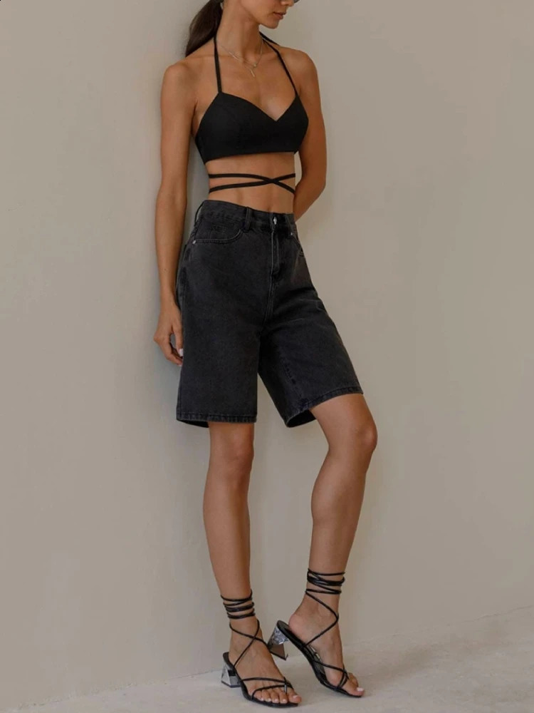 Womens Denim Shorts Summer High Waist Casual Black Shorts Pocket Fashion Vintage High Street Loose Oversize Wide Leg Pants 240821