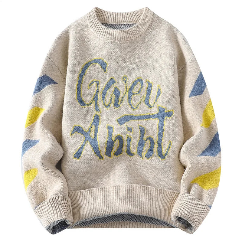 Sweater mens knitted letter printed sweater wool latte art retro color block top 240821