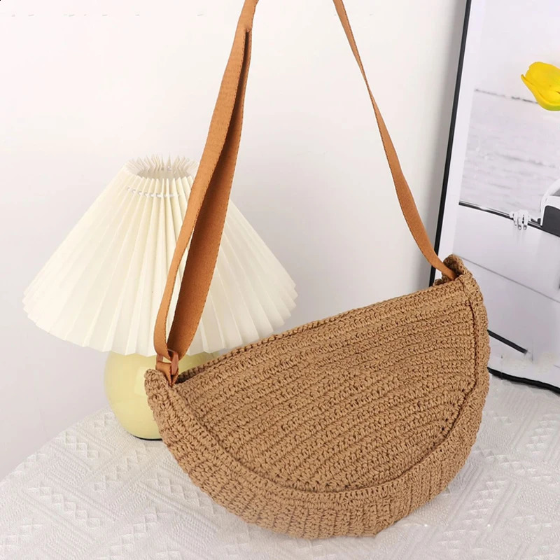 Casual Halfmoon Straw Crossbody Bags Handmade Weave Hobo Shoulder Summer Beach Small Tote Purses 2024 Vacation 240821