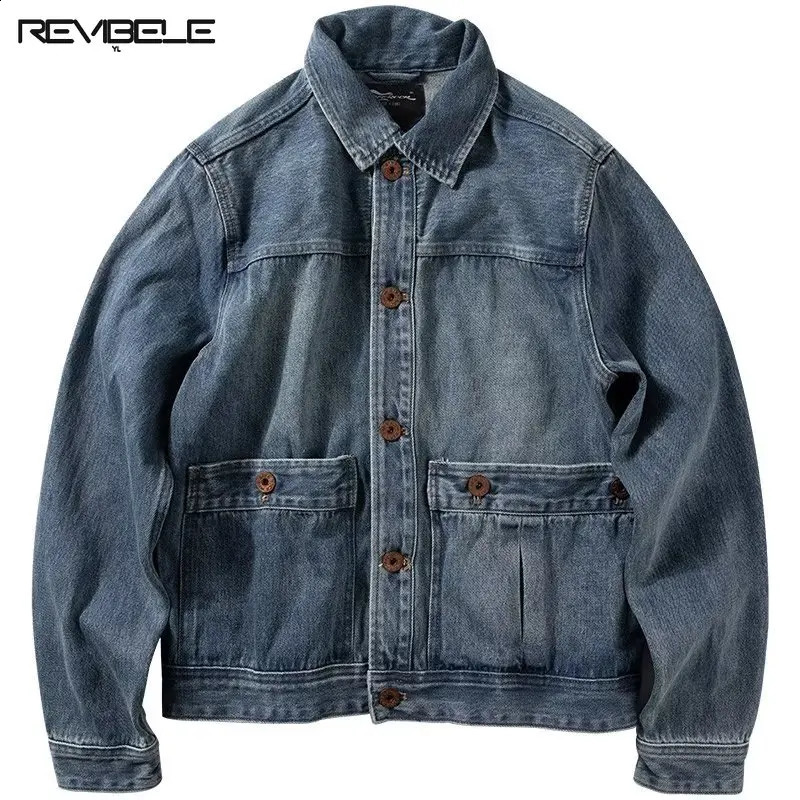 Japanese Retro Denim Jacket Men Washed Pocket Spring Autumn Jackets Mens Amikaji American Casual Pocket Tooling Outwear 240821