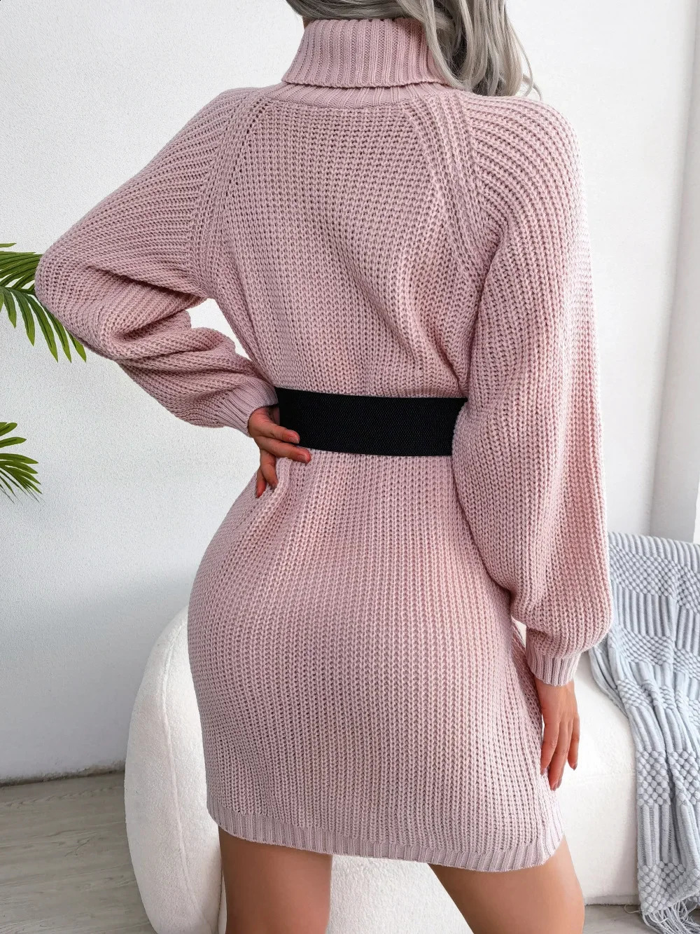 2024 Casual Button High Neck Long Sleeve Bottomed Wool Dress Women Wear Mid Waist Solid Color Pencil Skirt Sweater Autumn Winter 240821