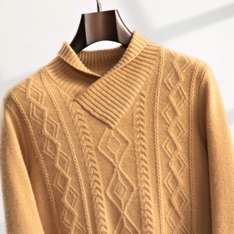 ZOCEPT Winter Mens Retro Shawl Collar Thick 100 Cashmere Sweater Long Sleeve Warm Knitted Twisted Pattern Pulling Flower 240821