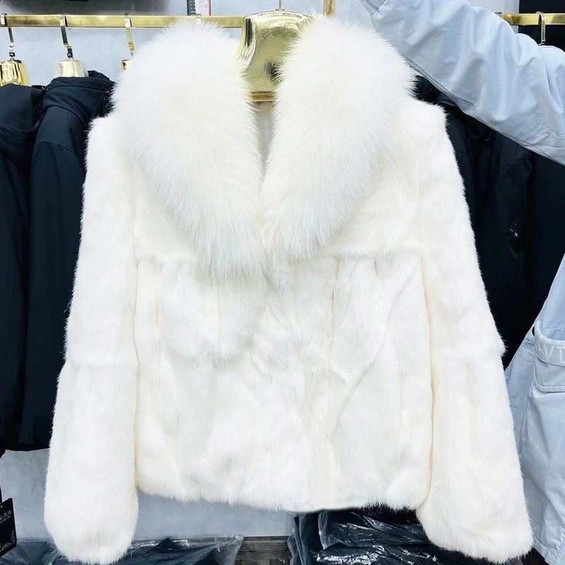 100% Genuine Whole Skin Rabbit Fur Coat with Real Natural Fox Fur Collar Jacket Full Pelt Rabbit Fur Overcoat HT89 240821