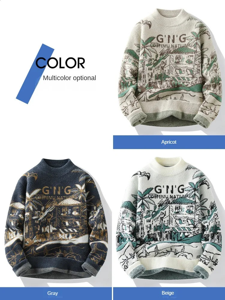 Retro Knitted Sweater Mens Casual Winter Crewneck Jacquard Thick Warm Korean Lanhua Youth Clothing Fashionable 240821