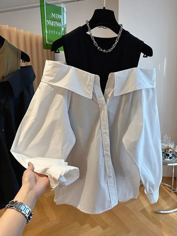 Off the Shoulder Blouse Slim and Loose Tank Top Spliced Long Sleeve Shirts Autumn Round Neck Fashion Shirt 240821