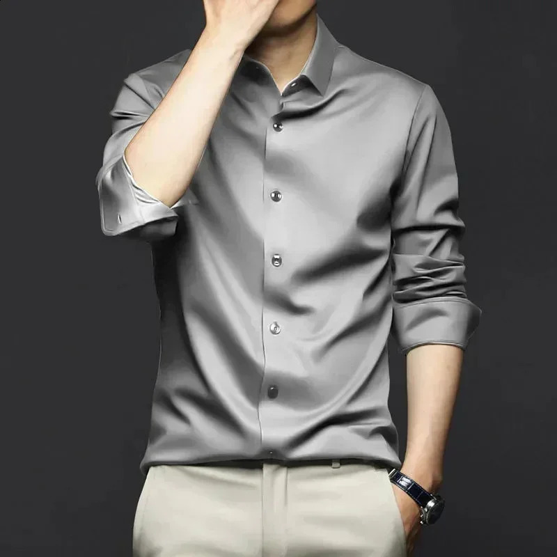 Long sleeved quality shirt for mens spring and autumn business ironless anti wrinkle large green solid color shirt 240822