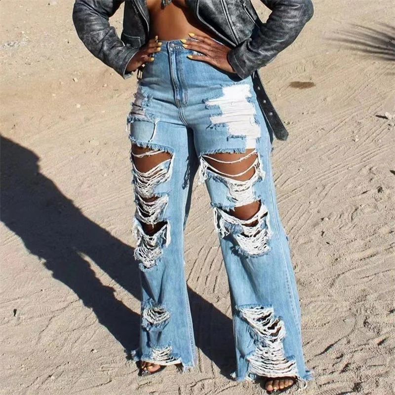 Fashion Front Back Large Holes Straight Jeans Female Casual High Waist Denim Pants Women Sexy Trend Streetwear Loose Trousers 24 240821