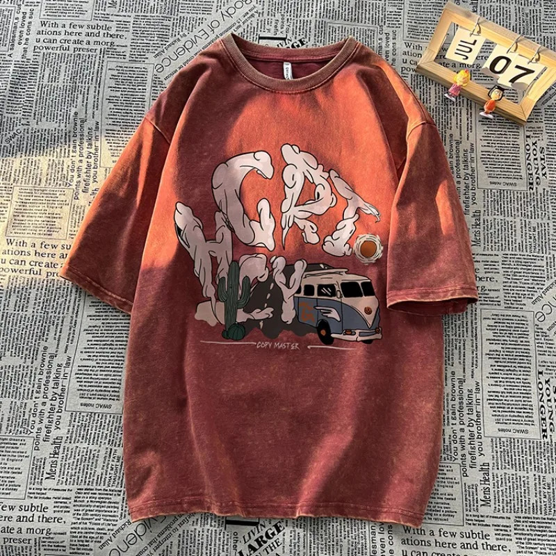 Cartoon graphic wash Tshirt mens oversized Oneck hiphop street short sleeved college couple y2k top 240822