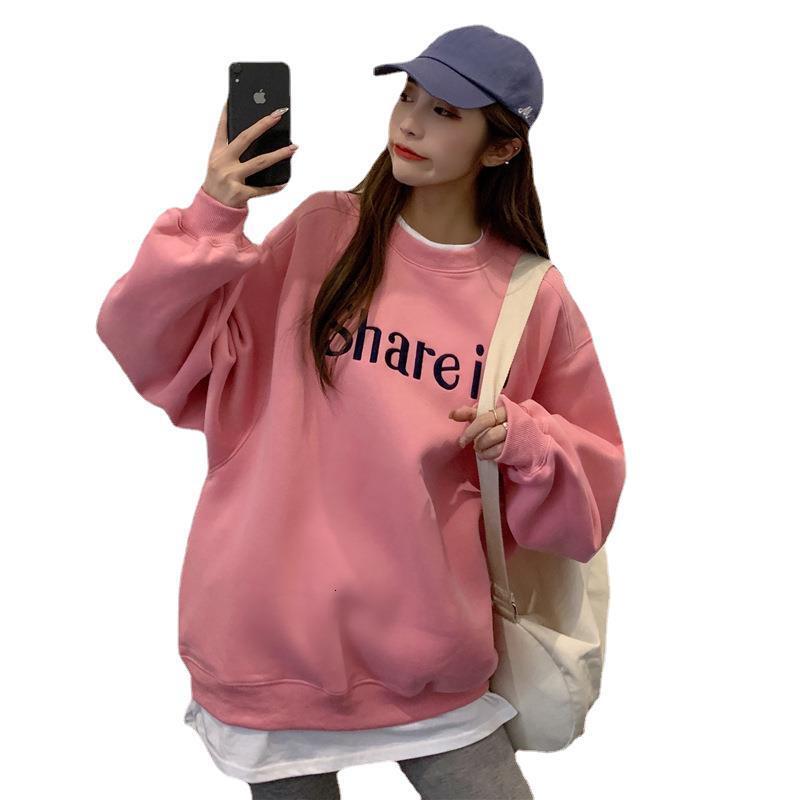 autumn and winter new Korean version letter embroidery fake two-piece thick velvet long sleeved sweatshirt women's pullover BF style top 3bdec c9