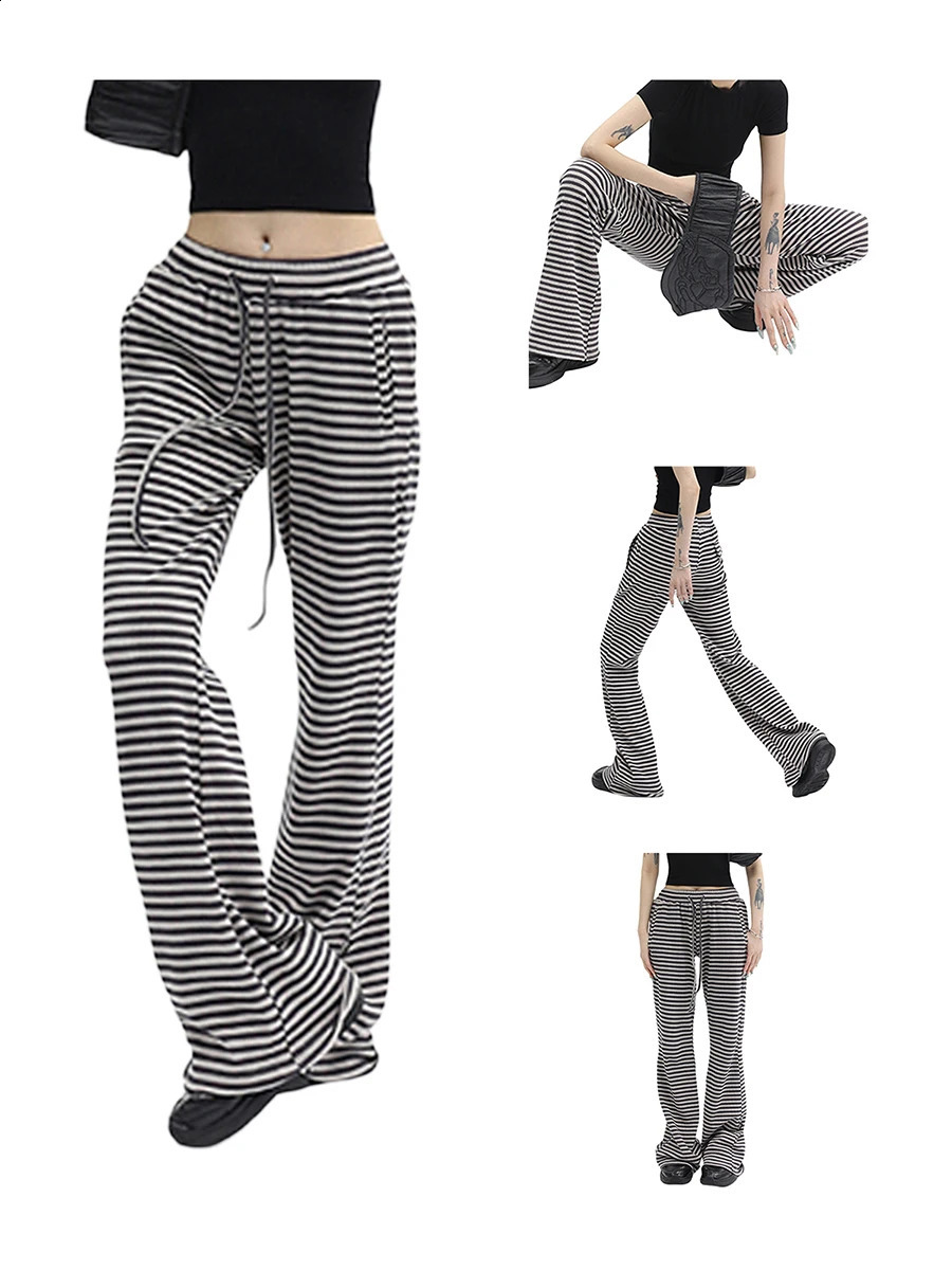 Women Y2k Drawstring Straight Leg Pants Vintage Low Rise Striped Print Knitted Pant Wide Leg Lounge Pj Pant Bottom 240821