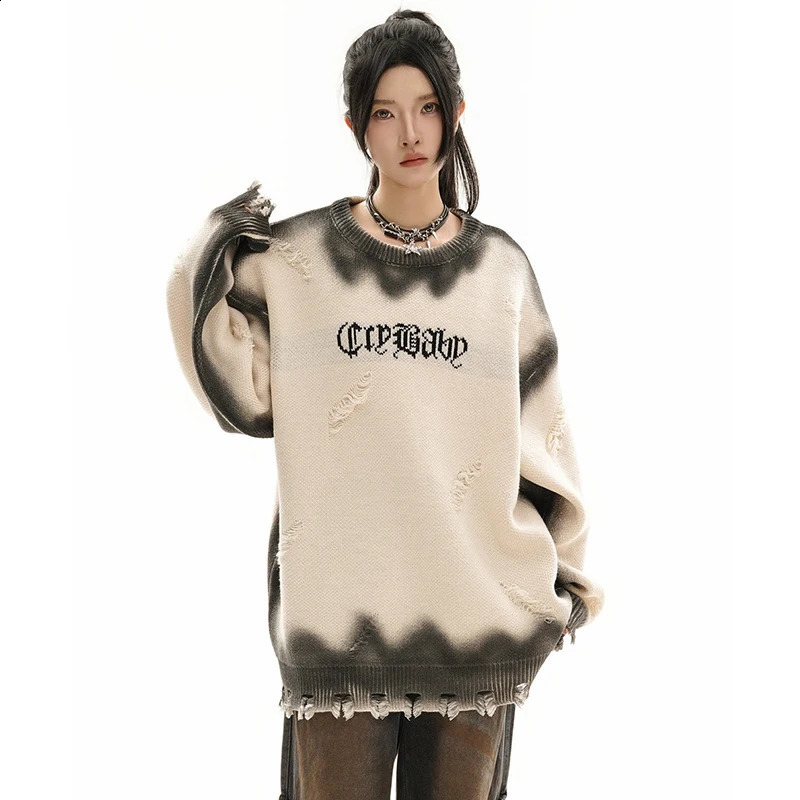 PFNW spray painted crochet hole sweater mens streetwear O-neck loose pull Knitwear autumn item 28W4111 240829