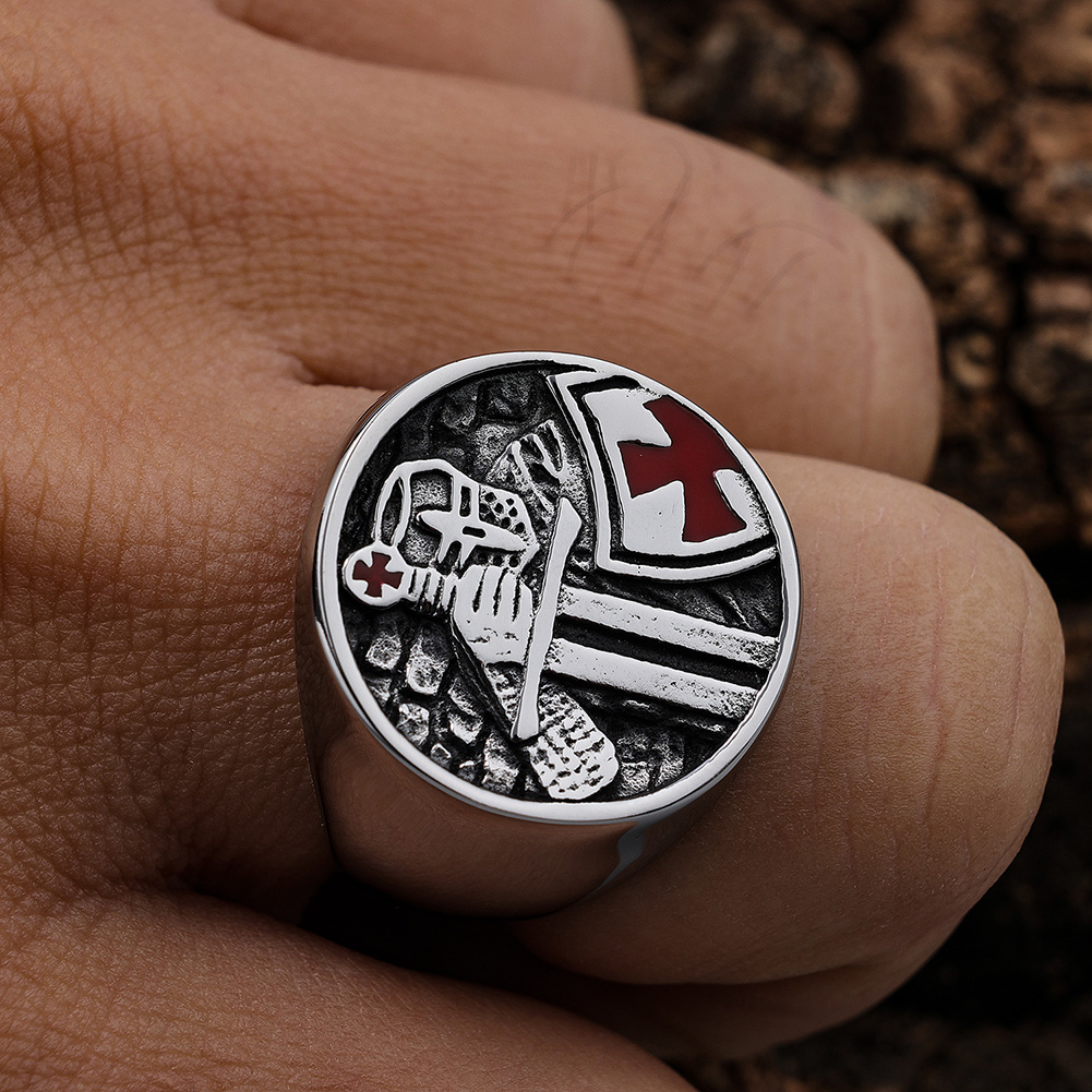 Vintage Knight Cross Casting Ring Titanium Steel Red Oil Drip Mens Jewelry
