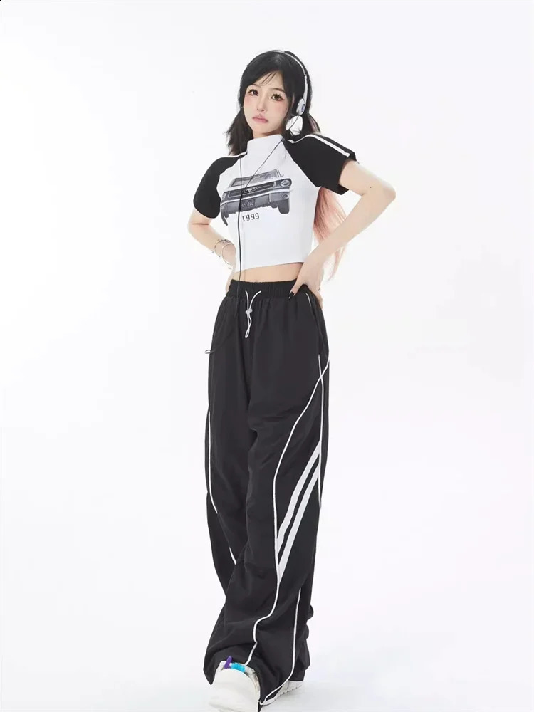 QWEEK Harajuku Egirl Gray Track Pants Women Y2K Vintage Striped Sweatpants Oversized Streetwear Hippie Wide Leg Black Joggers 240821