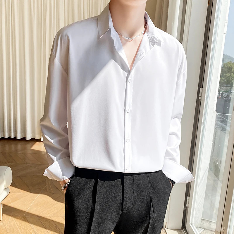 Autumn Mens Long Sleeve Shirts Fashion Korean Baggy No-iron Business Casual Elasticity Lapel Collar Shirt White Light Blue 240822