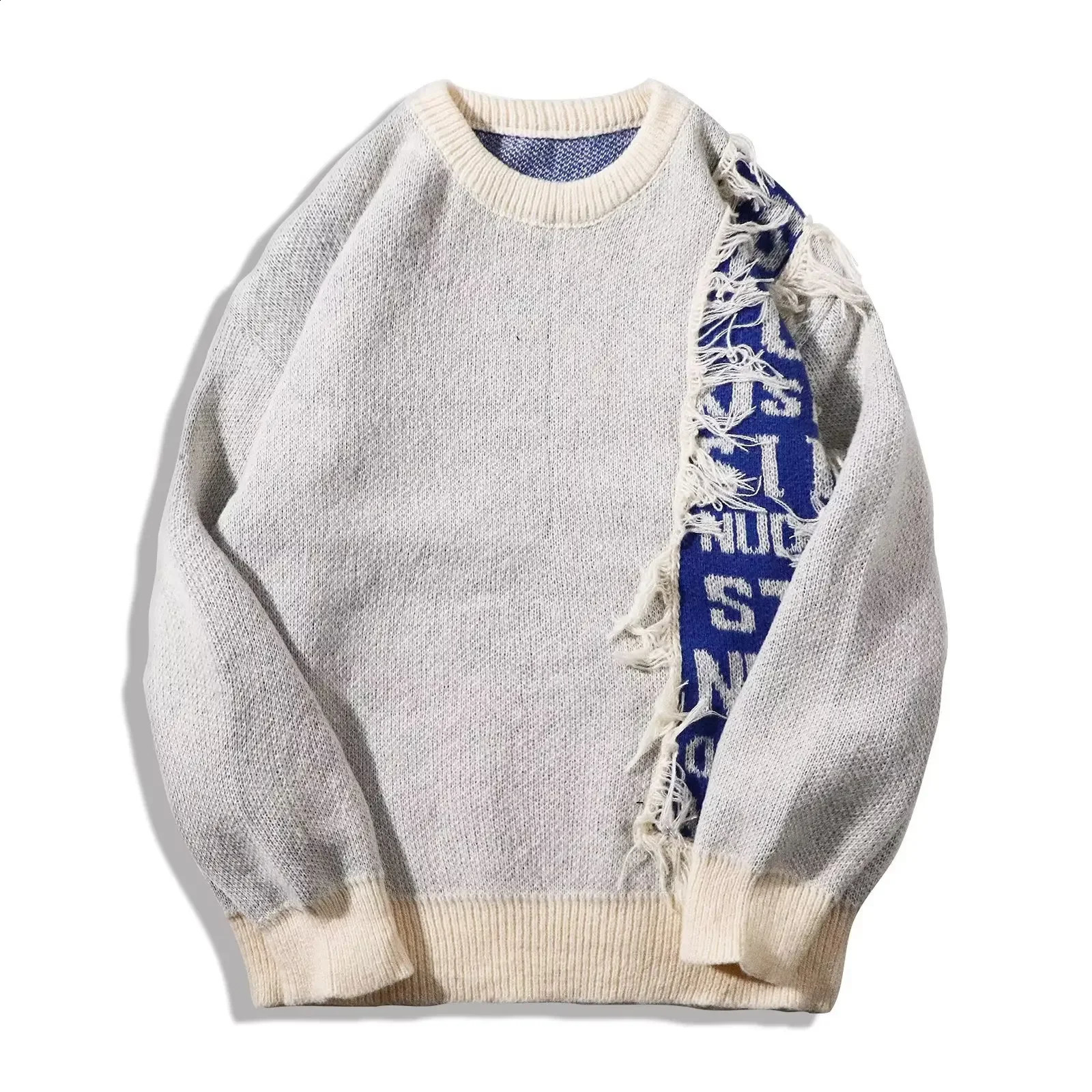Mens casual edge color blocking jacquard letter n loose fit suitable for student sweaters 240821