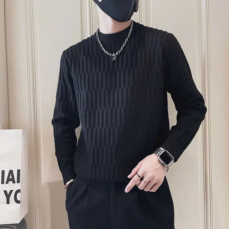 Korean Fashion Autumn Winter Sweaters Mens Mock Neck Solid Jacquard Weave High Street Casual Long Sleeve Knitted Pullovers Tops 240821