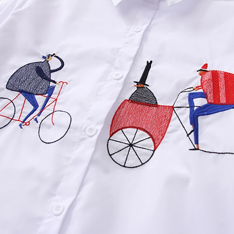 2024 White Shirt Casual Button Up Turn Down Collar Female Blouse Long Sleeve Cotton Embroidery Lady 5083 50 240821