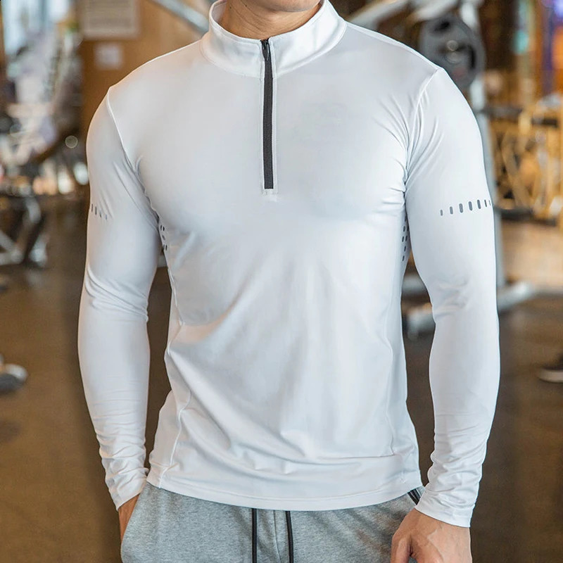 Quick Dry breathable Running Shirt Men Bodybuilding Sport T-shirt Long Sleeve zipper stand collar Gym Fitness T shirt 240822