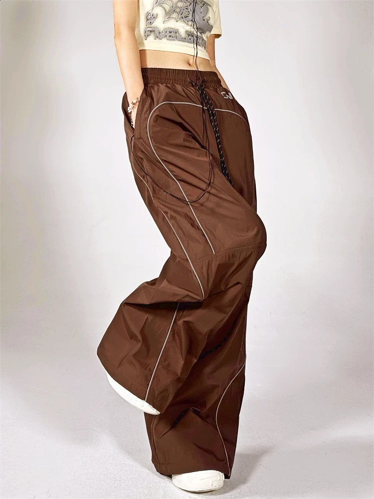 QWEEK Y2K Vintage Brown Cargo Pants Women Streetwear Reflective Gray Track Trousers Oversized Gorpcore Wide Leg Black Sweatpants 240821