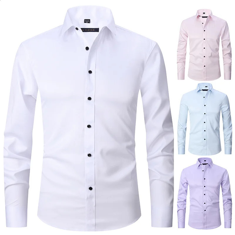 Mens High Quality Long-sleeved Shirts Spring Autumn Business Casual Lapel Buttons Formal Wear Shirts Black White Blue Pink 240822
