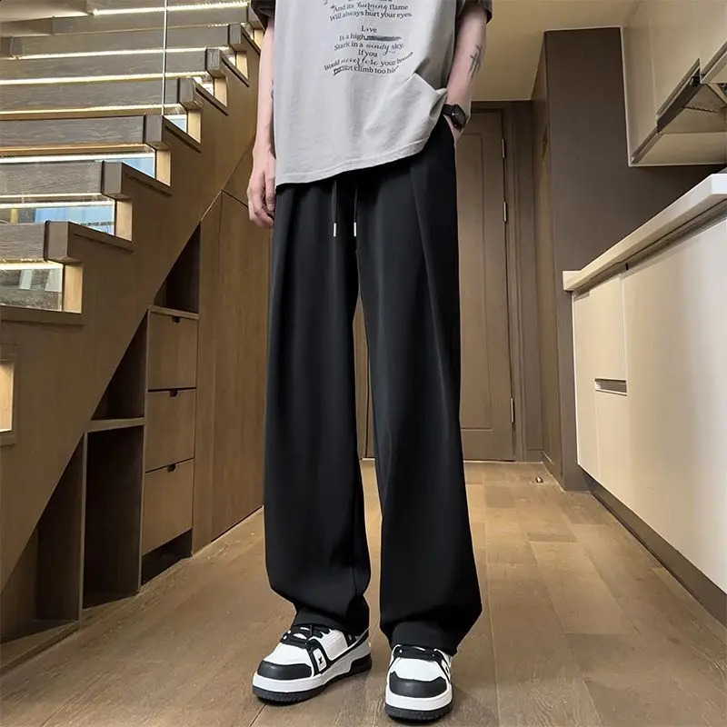 Summer Fashion Thin Ice Silk Loose Straight Pants Men Solid Elastic Waist Drawstring Pocket Casual Ventilate Wide Leg Trousers 240822