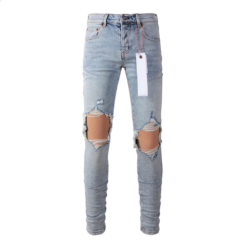 Summers Mens Classic Blue Streetwear Distressed Skinny Button Fly Destroyed Holes Ripped Jeans Pants 240822