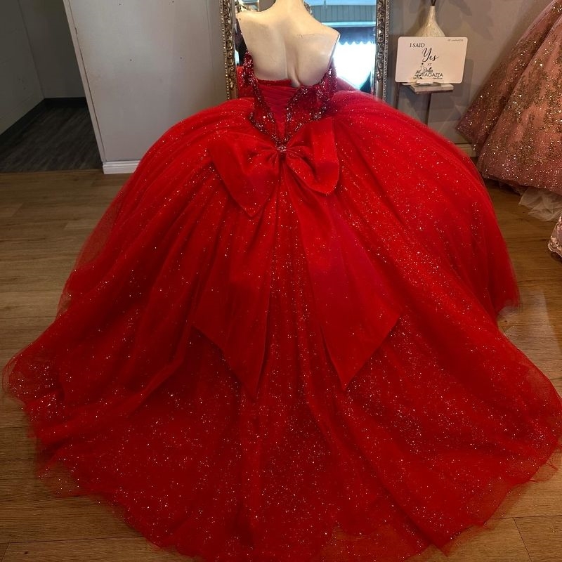 Red Shiny Sweetheart Quinceanera Dresses Off The Shoulder Beads Crystal Bow Tull Lace Up Vestidos 15 De XV Anos Sweet 16 Dress