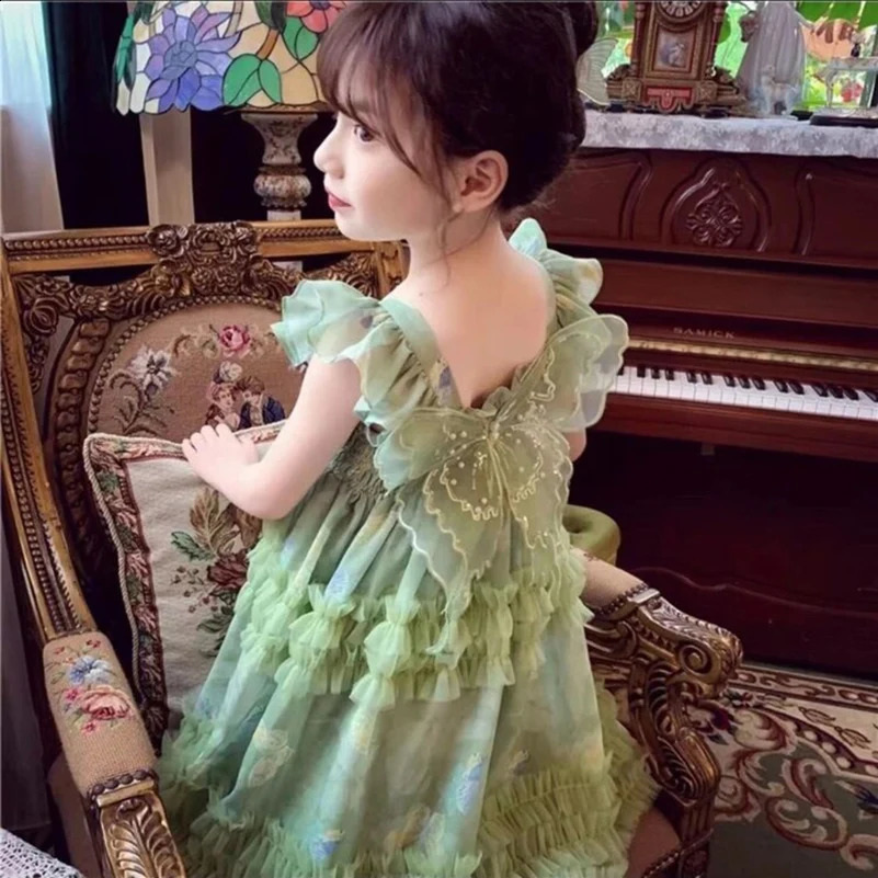Summer girls childrens fashionable dress with green bow/hanging mesh princess skirt suitable for childrens clothing 240813bj