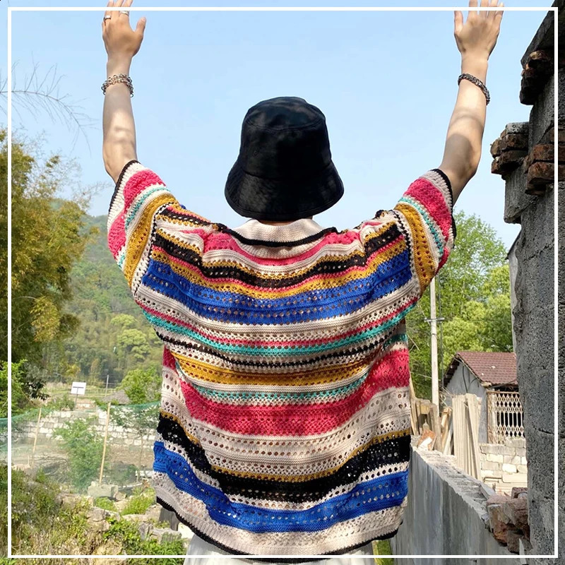 2024 Summer Fashionable and Personalized Hollowed Out Contrasting Striped Printed Loose Casual Short Sleeved Polo Shirt 240821