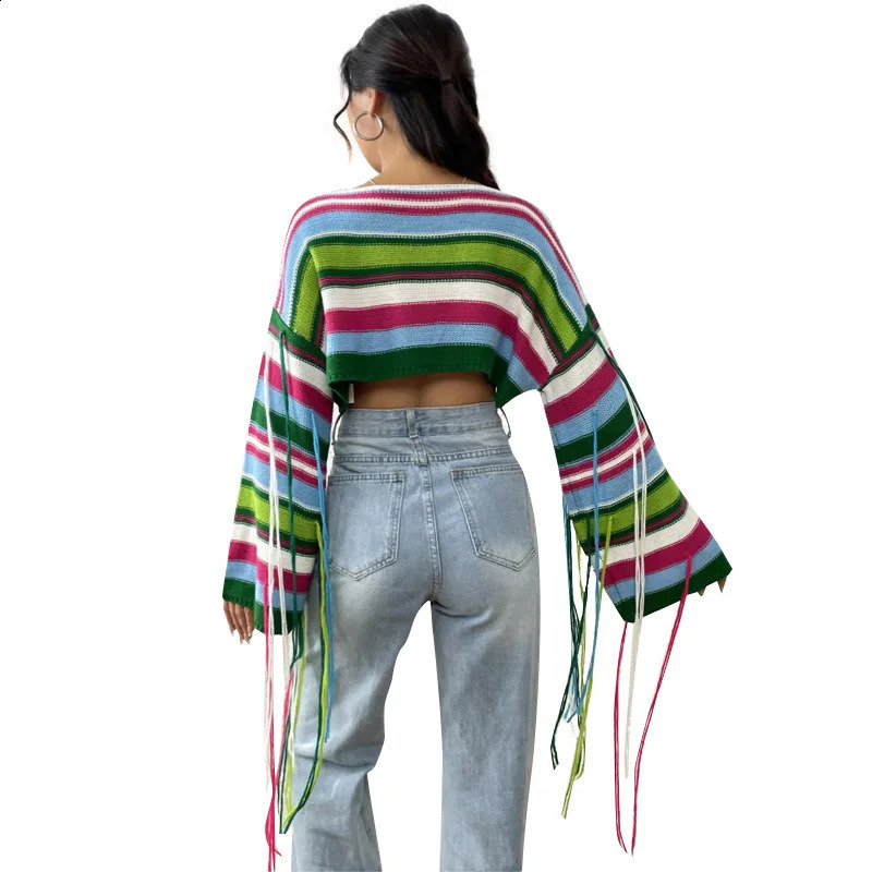 Trendy Rainbow Striped Tassel Knit Sweater - Sexy Crop Top 240821