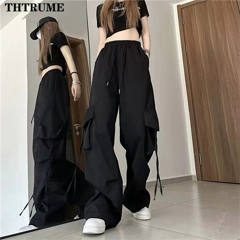 High Street Y2K Cargo Pants Fashion Women Drawstring Pocket Hip Hop Streetwear Baggy Pant Casual Vintage Oversized Chic Trousers 240821