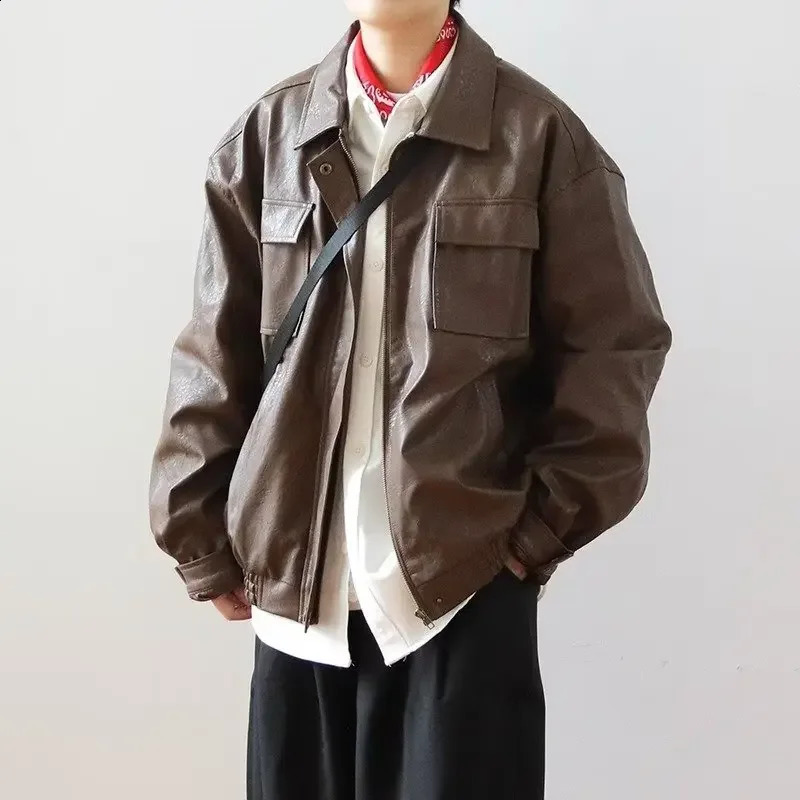 American Style Pu Leather Jacket For Men Spring Autumn Vibe Street Windproof Instrendy Flight Pilot Top Casual Loose Fit 240822
