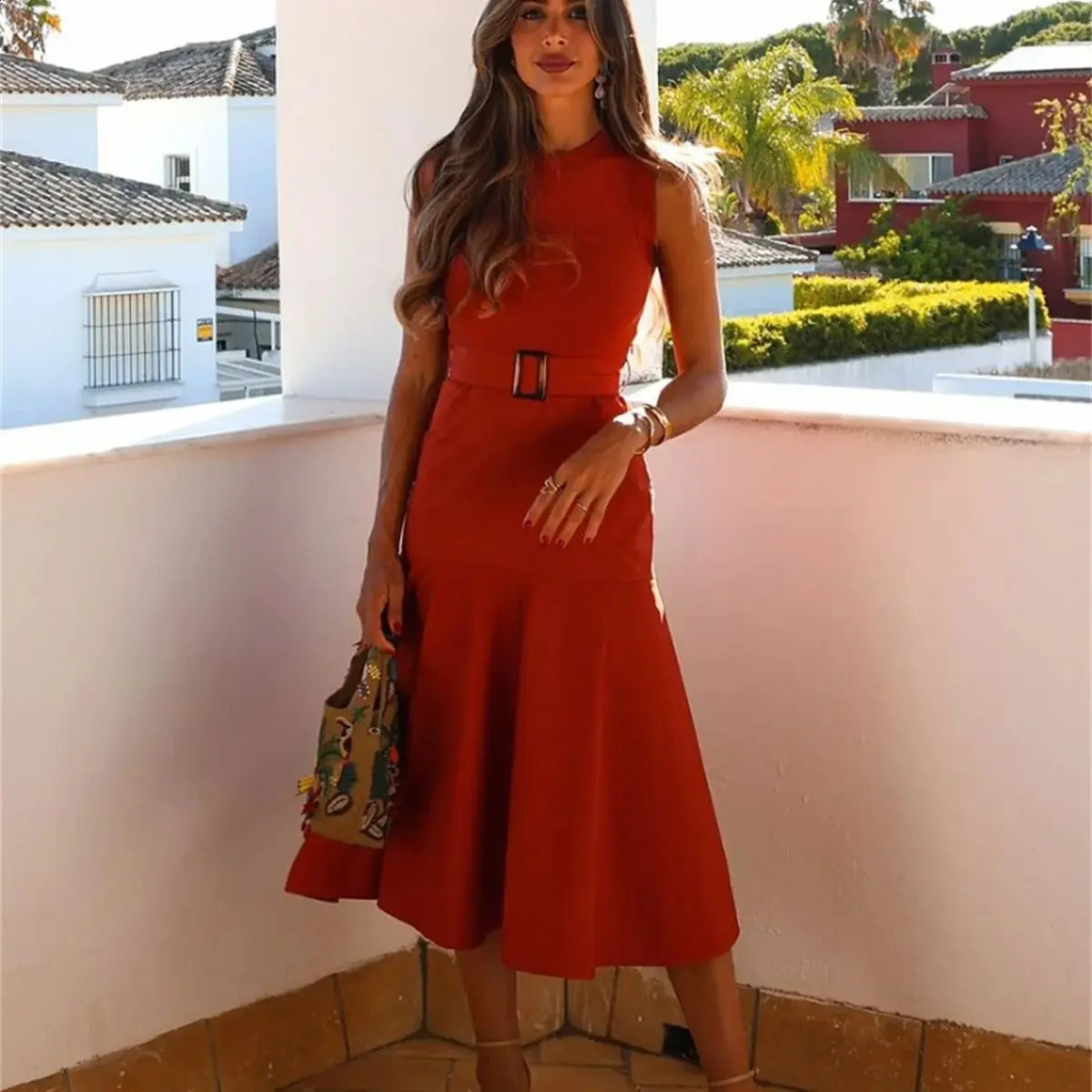 Fashion Knitted Dresses For Women Elegant Solid Belt Patchwork Midi Dress O Neck Sleeveless Vestidos Lady Party Streetwear