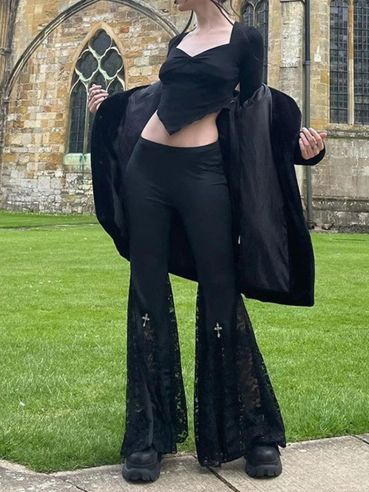 Zoki Harajuku Y2K Lace Up Patchwork Flare Pants Women Gothic Sexy Streetwear Casual Trousers Punk High Waist American Retro Pant 240821