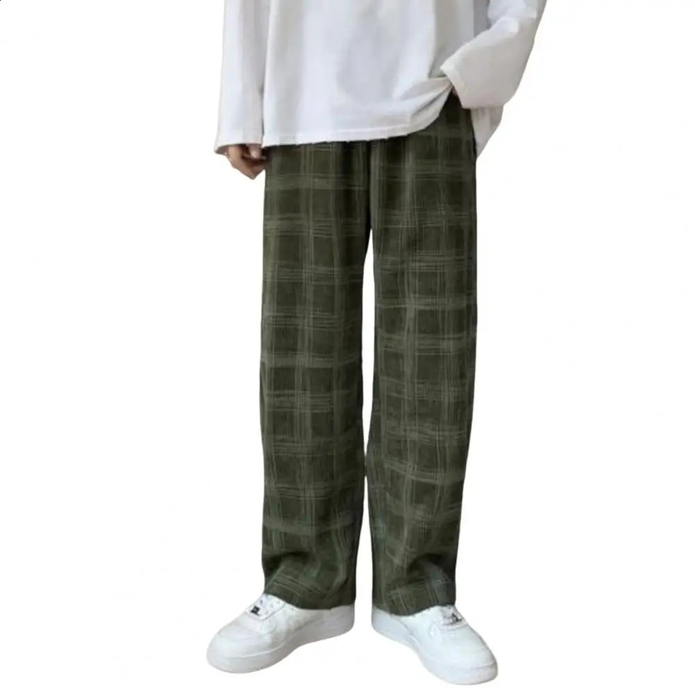 Mid-Rise Elastic Waistband Men Pants Pockets Straight Wide Leg Casual Trousers Plaid Print Drawstring Loose Corduroy Pants 240822