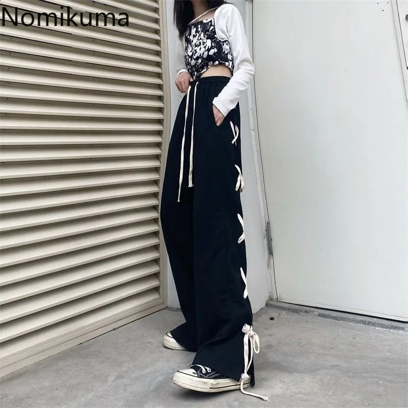 Black Y2k Wide Leg Pants Women Streetwear Bandage Casual Pantalon Femme Bottoms High Waist Straight Korean Harajuku Trousers 240821