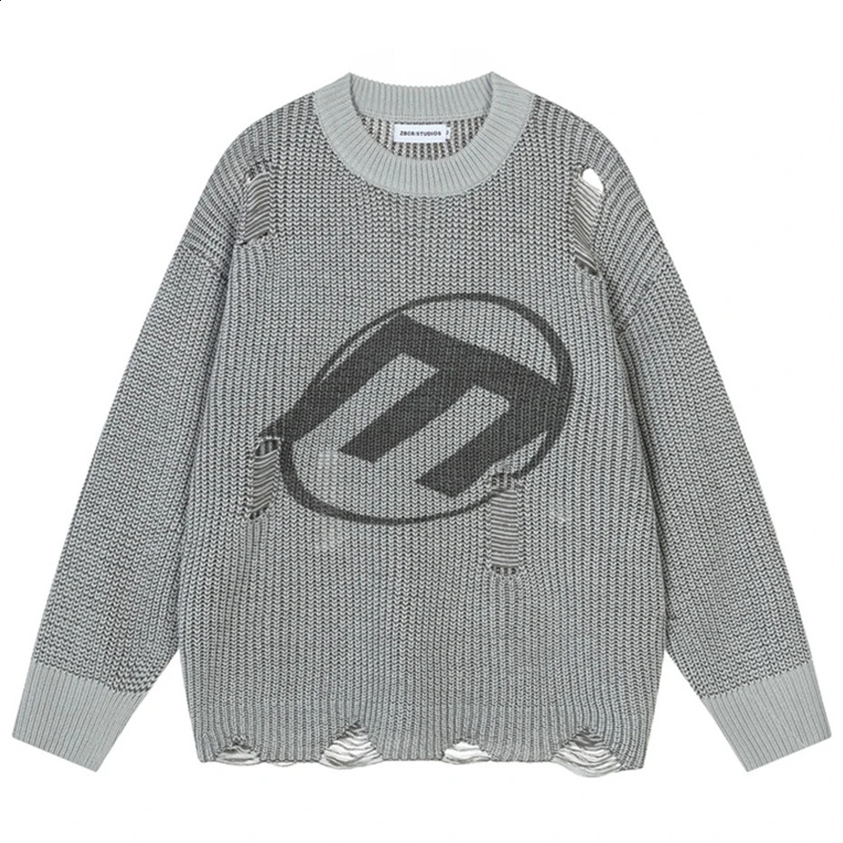 Letter Ripped Sweaters Mens Loose Knitted Jumper Harajuku Extra Large Hip Hop Sweater Y2K Street Clothing 240821