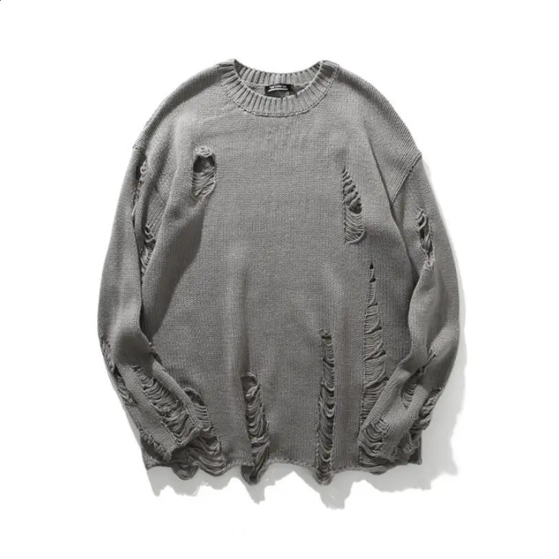 Autumn winter men ripped hole red black striped punk sweater vintage women hip hop oversized knitwear pull homme 240821